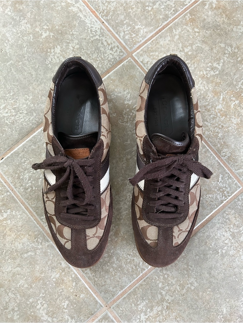 Coach Men's Brown Signature Canvas Sneakers with White Stripe